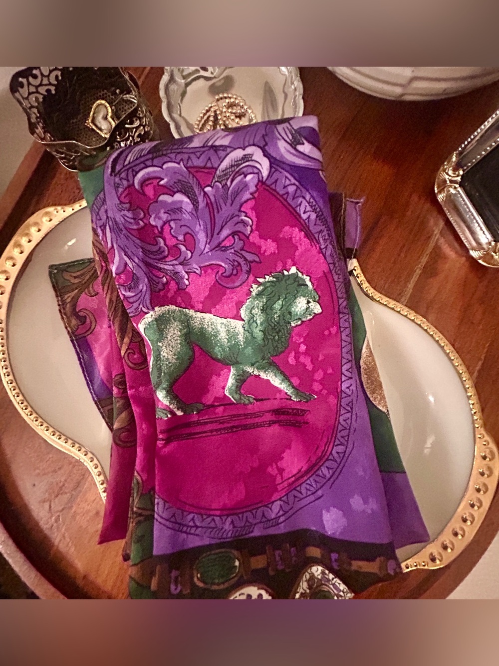 Striking Magenta Vintage Silk Scarf with Lion & Pegasus Graphic